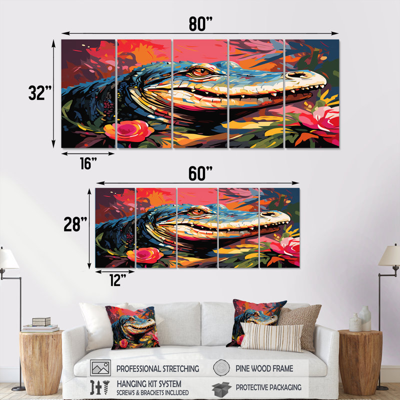 Popart alligator Blooms II - ensemble d'art mural en alligator / crocodile 5 pièces, H 28 po x l 60 po