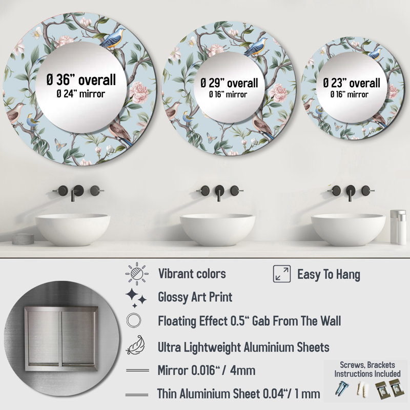 Minimalism Bird On Flowers VII - Bird Mirror, Modern Round Unique Wall Mirror, Printed Metal Art, 29" x 29"