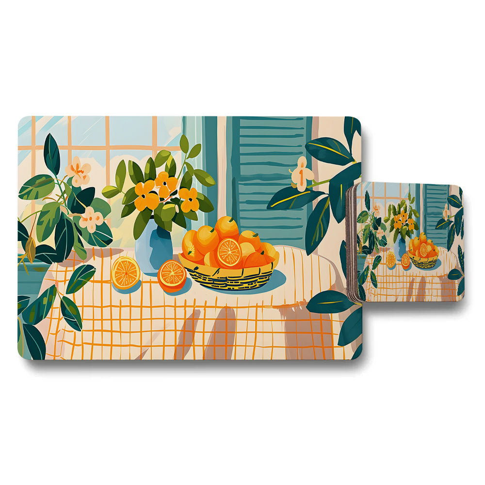 Placemat Coaster Set Floral Citrus Table Decor With Fruit Basket