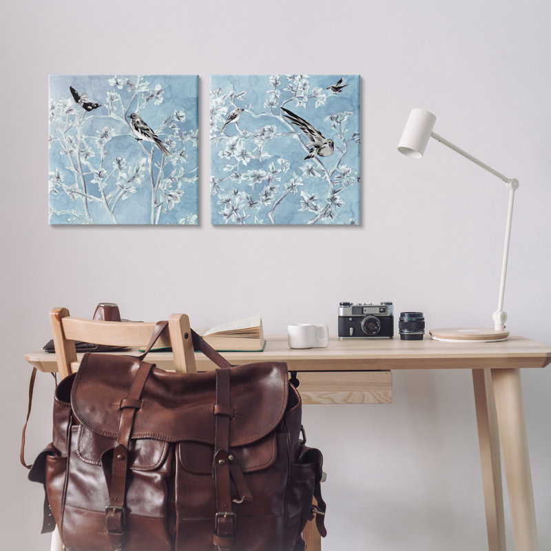 «Minted Serenity Birds over Blue», ensemble d'art mural sur toile 2 pièces, design par Melissa Wang, H 17 po x l 34 po