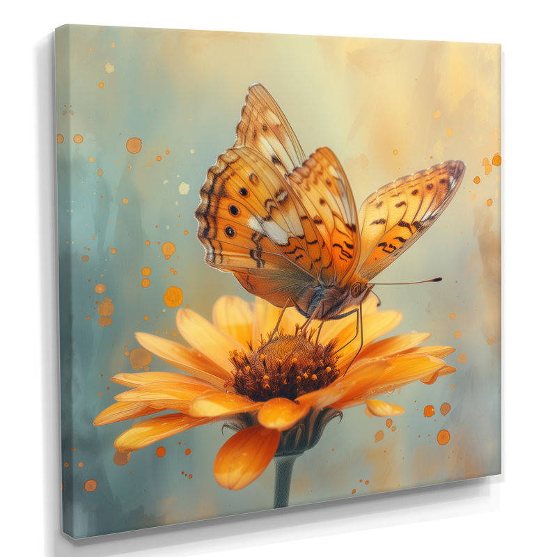 Papillon jaune rétro sur marguerite - impression d'art mural papillon, Toile tendue, H 16 po x l 16 po x P 1 po