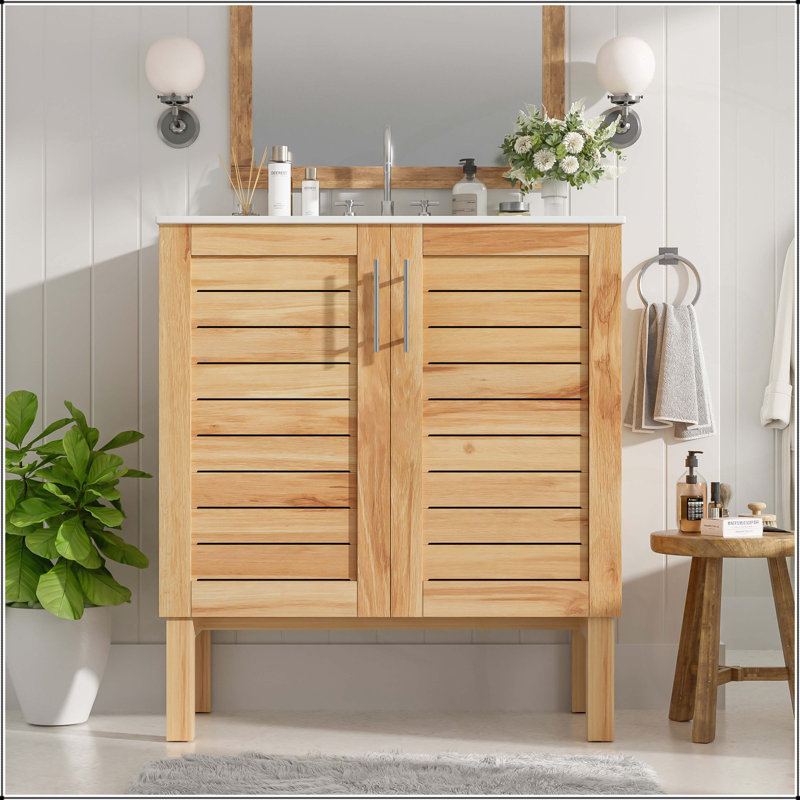 30-Inch Antique Bathroom Vanity with Ceramic Sink, Mid-Century Modern Design, 2 Soft-Close Doors, and Large Storage Space, Natural Brown