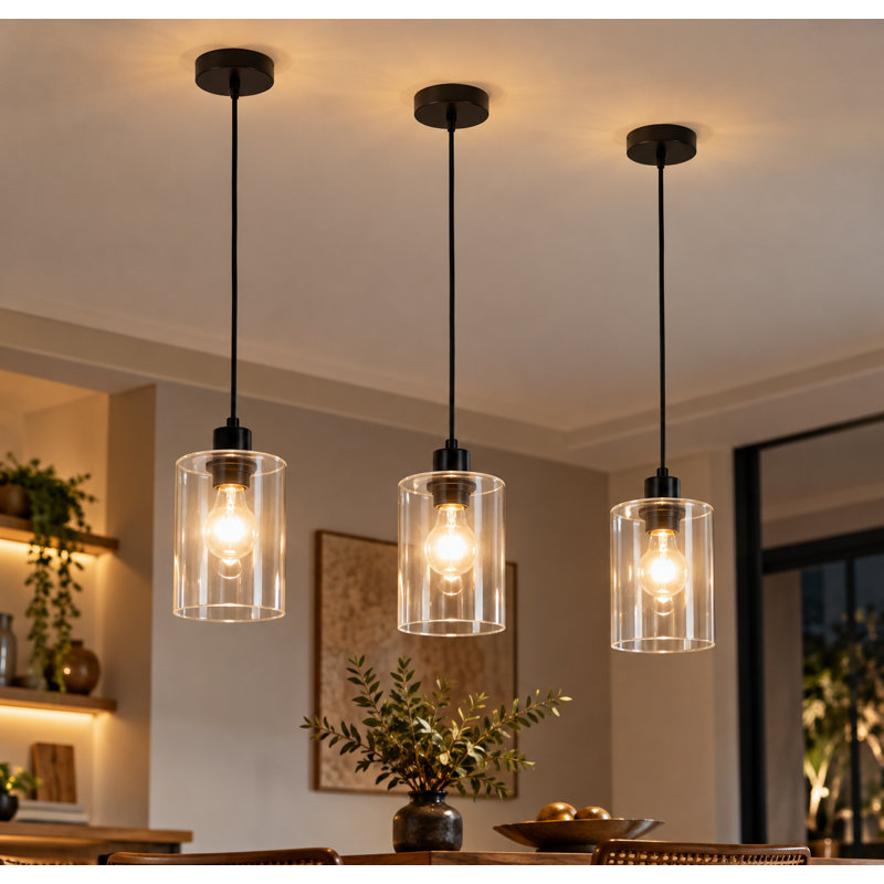 Black Modern 3 Light Clear Glass Cylinder Pendant Light for Kitchen Island Dining Room and Cozy Ambient Lighting