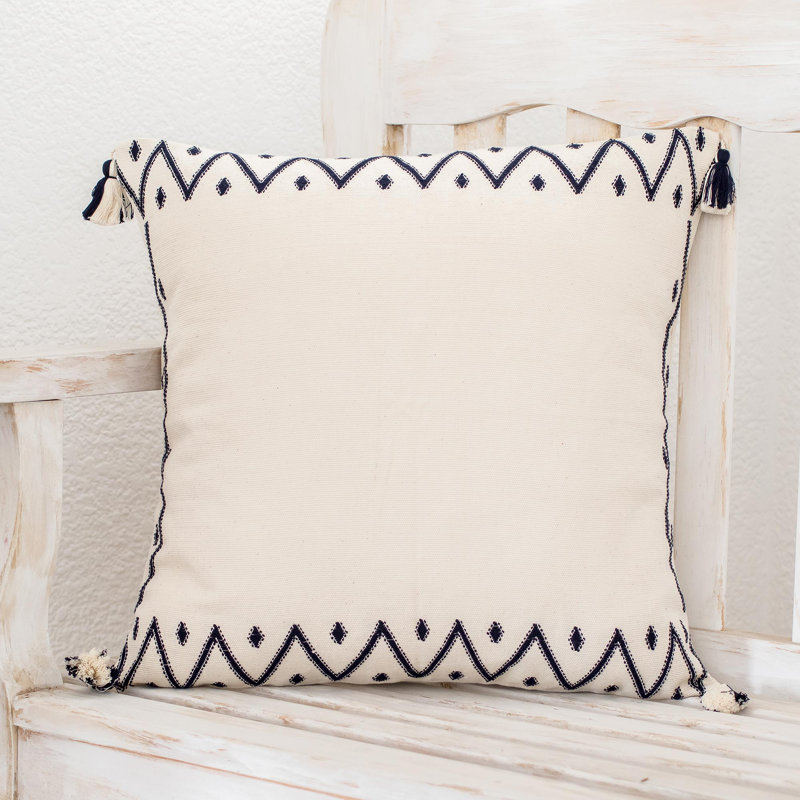 Hand Woven Blue and White Cotton Pillow Cover with Tassels