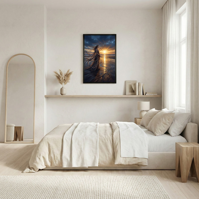 «Woman in Flowing Robe on Beach at Golden Sunset», art mural sur toile, H 36 po x l 24 po
