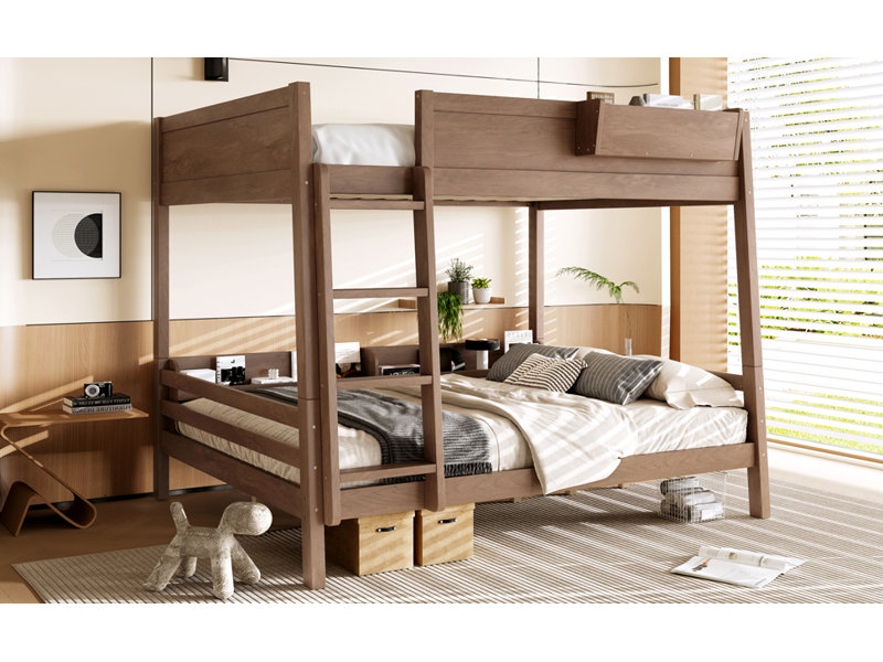 Grand lit superposé avec tablette de rangement et bibliothèque, lit superposé en bois avec échelle et garde-corps, conception détachable, bois rétro.