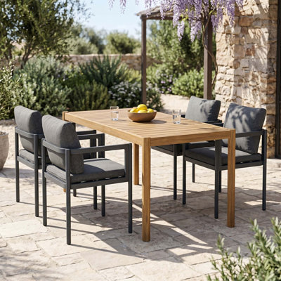 Ensemble de salle à manger d'extérieur 5 pièces avec table en bois d'acacia et chaises en aluminium avec coussins résistants aux intempéries, capacité de poids élevée et design minimaliste moderne.
