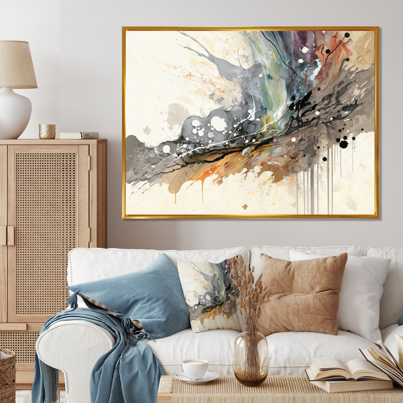 «Jazz Rhythms In Shades Of Grey III», art abstrait à l'encre liquide, Cadre flottant doré, H 30 po x l 40 po x P 1,5 po