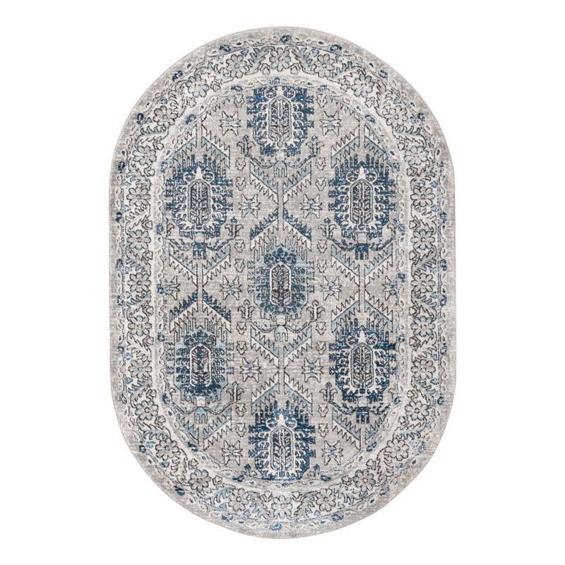 Tapis gris / ivoire / bleu Weingartner, Ovale 5 pi 3 po x 8 pi