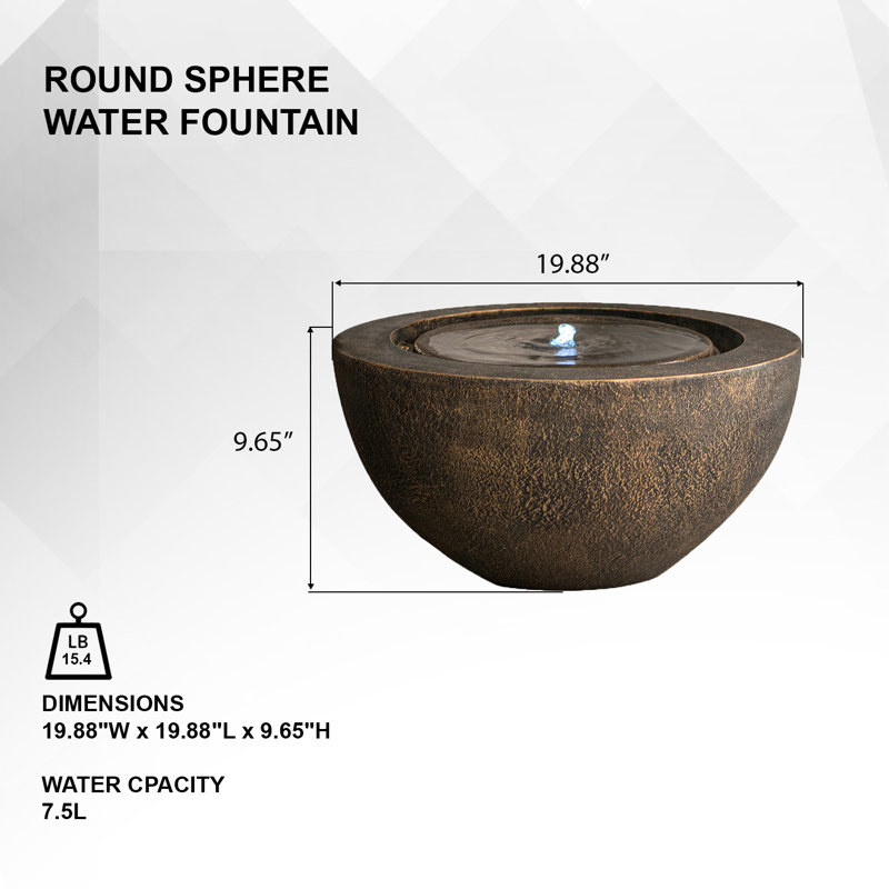  19.8 inches W Round Polyresin Indoor/Outdoor Sphere Water Fountain w/LED Light, Black