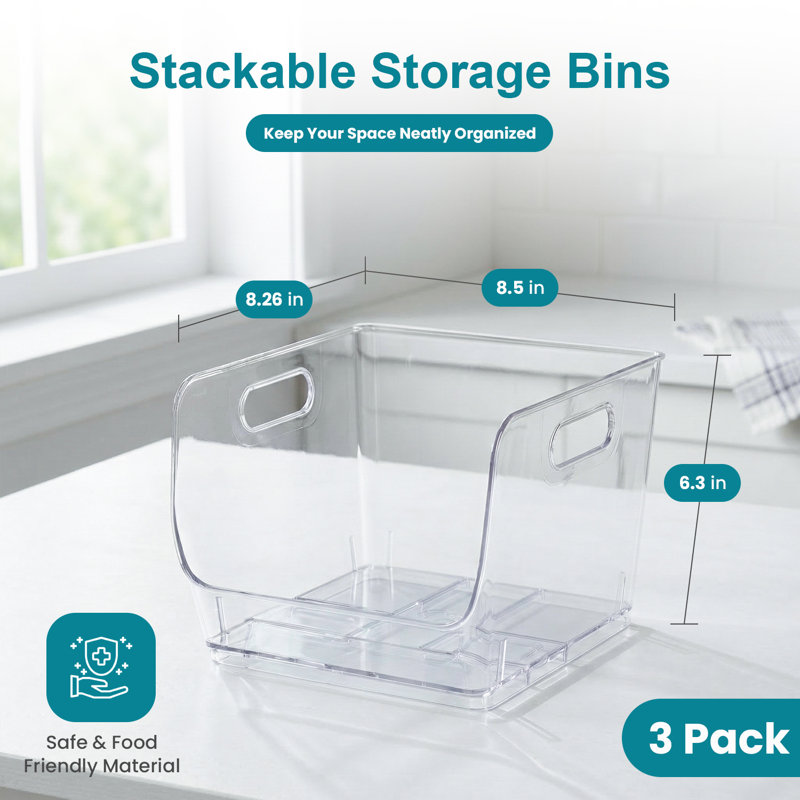 Ensemble de base de 3 bacs de rangement transparents de 9 pouces avec poignées faciles à tenir et empilables
