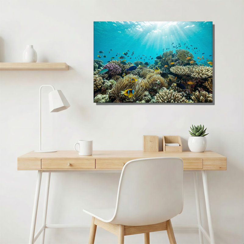 Ensemble de 1 tableau sur toile représentant un récif corallien sous-marin avec des poissons tropicaux, H 12 po x l 18 po