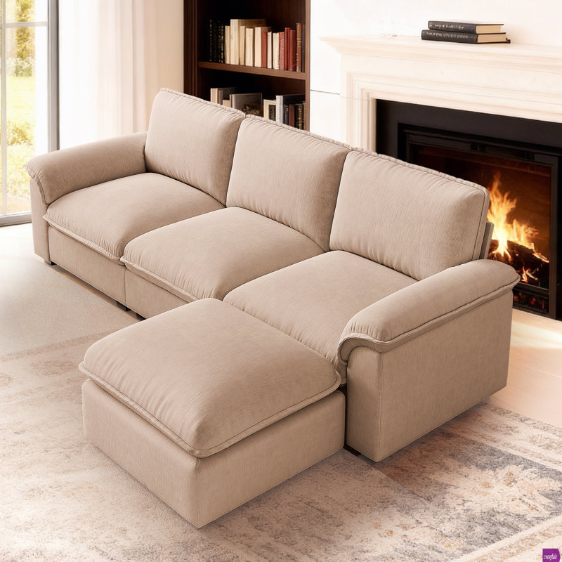 Kujtesa 102" Chenille L-shaped Sofa with One Movable Ottoman., Coffee Chenille