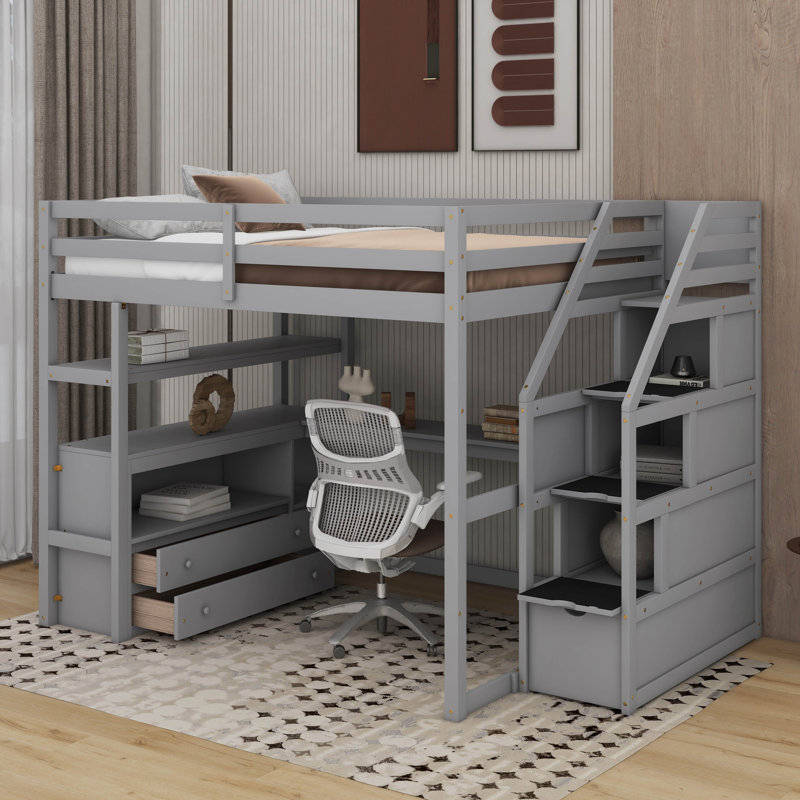 Lit mezzanine double avec bureau et tablettes, Gris