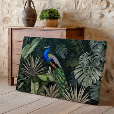 Toile Une scène de jungle luxuriante avec un paon élégamment perché au milieu d'un art mural