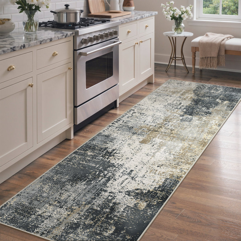 Abstract Area Rug, Black/Gold/Beige, Runner 80 x 300 cm