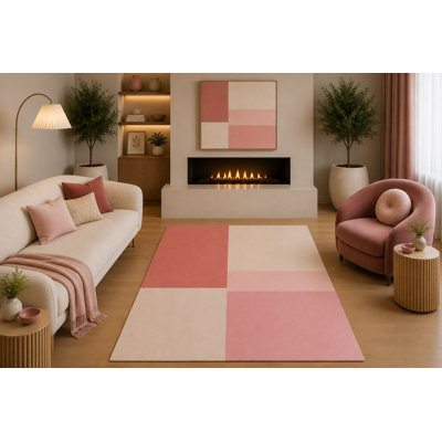 Tapis ultra-léger 152 x 213 cm, style minimaliste moderne, rose poudré, crème et corail, motif géométrique à blocs de couleur, idéal pour le salon, la chambre, la chambre d'enfant ou le bureau. Dos en silicone antidérapant, poils courts.