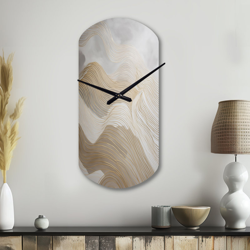Or et gris, dessin au trait en mouvement III - dessin au trait, horloges murales asymétriques en métal, horloge murale cylindre doré