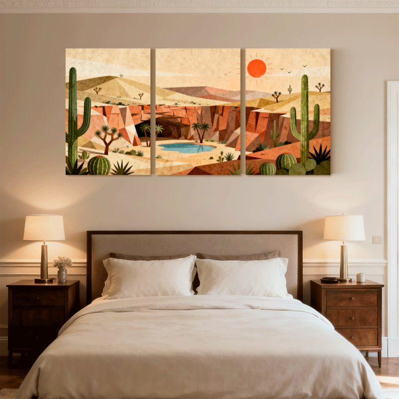 «Landscape & Nature Desert Landscape with Cactus and Sun», ensemble de 3 impressions sur toile, H 18 po x l 36 po