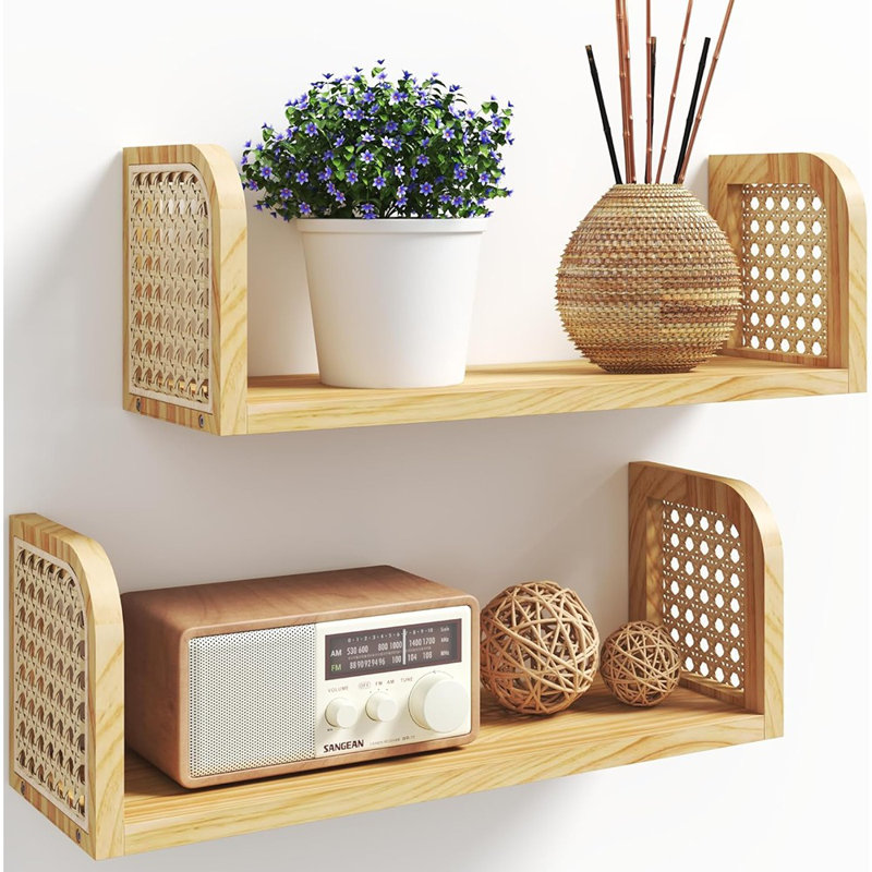 Rattan Shelf Set Of 2, Cute Nursery Shelves Wall Mounted, Natural Hanging Bookshelf Storage, Boho Decorative Floating Shelves For Kids Room, Living Room, Play Room, Bedroom, Home Decor