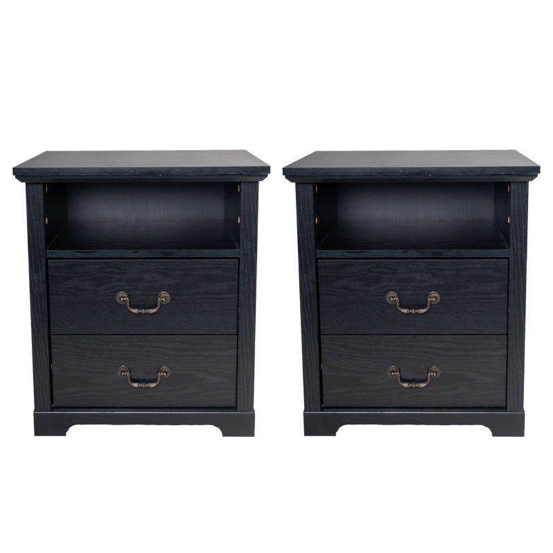 Table de chevet rustique de 22 po avec 2 tiroirs et tablette ouverte, poignées en métal, options multicolores, Noir