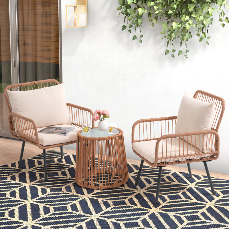 3 Piece Rattan Seating Group With Cushions, White
