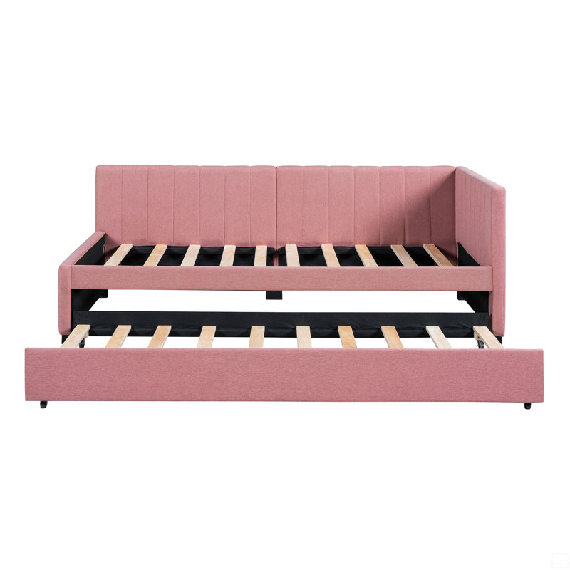 Lit de jour rembourré avec couchette simple pour canapé-lit, pas de sommier tapissier, tissu en lin, Pink