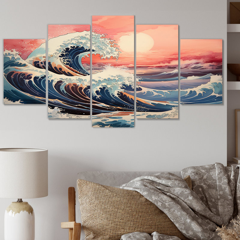 Chef-d'œuvre rose la grande vague de Kanagawa I - décoration murale nautique et plage - 5 panneaux