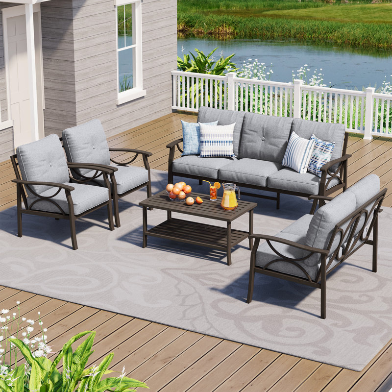 Ensemble de mobilier d'extérieur avec coussins de 4 po, ensemble de mobilier d'extérieur à structure en métal 7 personnes toutes saisons, ensemble de patio d'extérieur 5 pièces avec support dorsal ergonomique