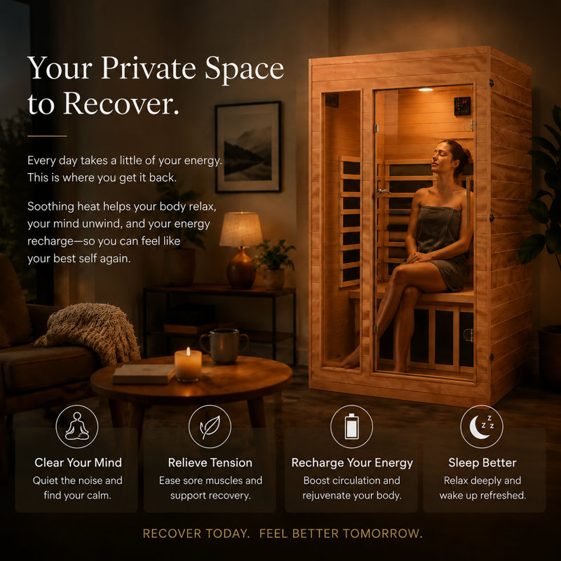 1-2 Person Indoor Infrared Sauna for Relaxation, Recovery & Better Well-Being, Hemlock & Okoume Wood Sauna, Tempered Glass