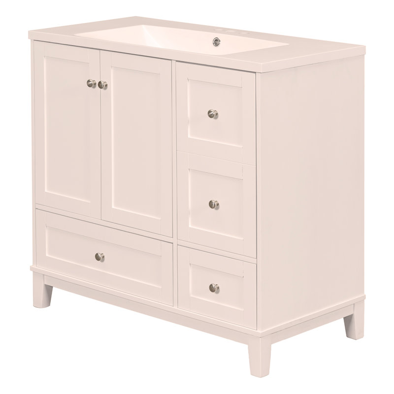 Meuble-lavabo moderne 36 po avec chargement USB, deux portes et trois tiroirs avec rangement, Blanc