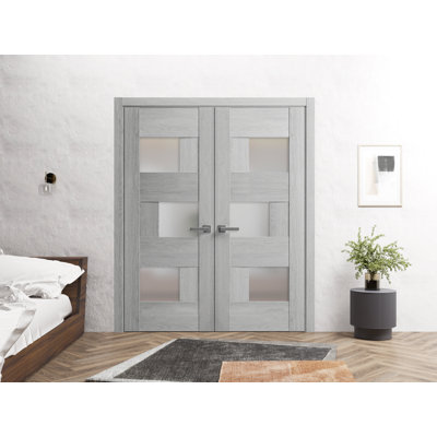 Portes doubles françaises massives en verre dépoli, ensemble 6933, bois de chêne gris pâle, cadre et garnitures en bois massif, portes robustes pour placard ou chambre à coucher, 56 po x 96 po (2 x 28 x 96 po)