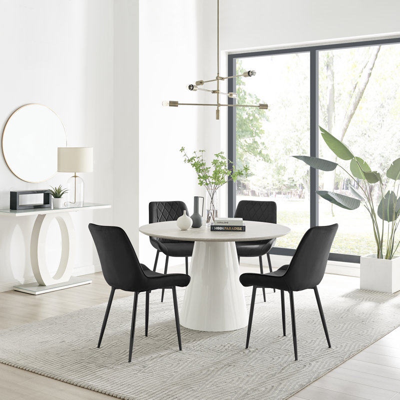 Statement 4 Person Round Dining Table Set in Luxury Beige Stone Effect - Velvet Dining Chairs, Black