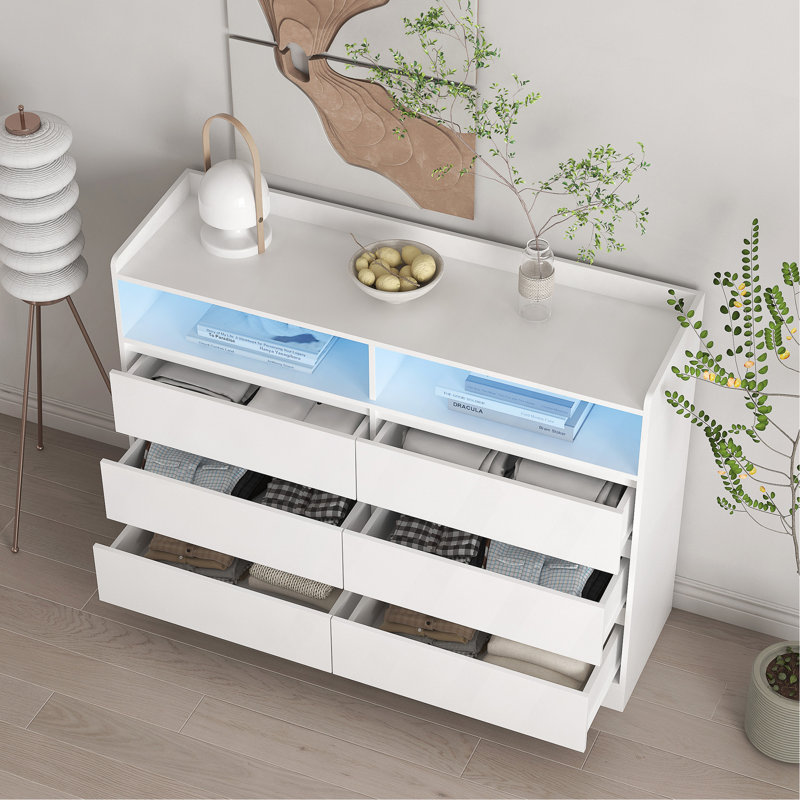 Commode 6 tiroirs, commode blanche pour chambre à coucher avec lumières DEL, commodes modernes et commodes avec cadre robuste pour le salon, le vestibule, le couloir