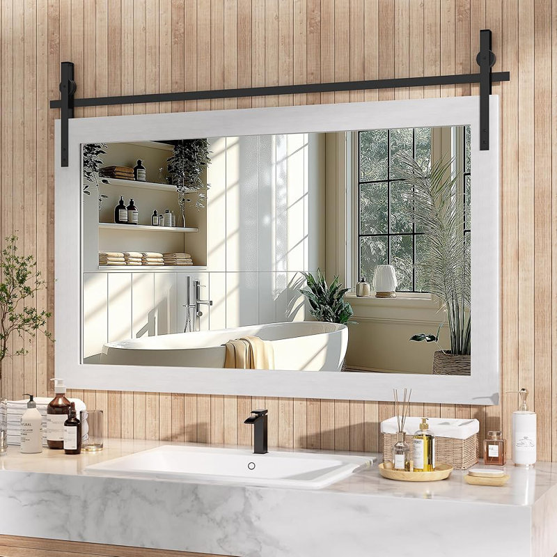 Modern Solid Wood Farmhouse Accent Mirror - Rustic Rectangle Decorative Mirror for Bathroom, Living Room, Entryway & Bedroom
