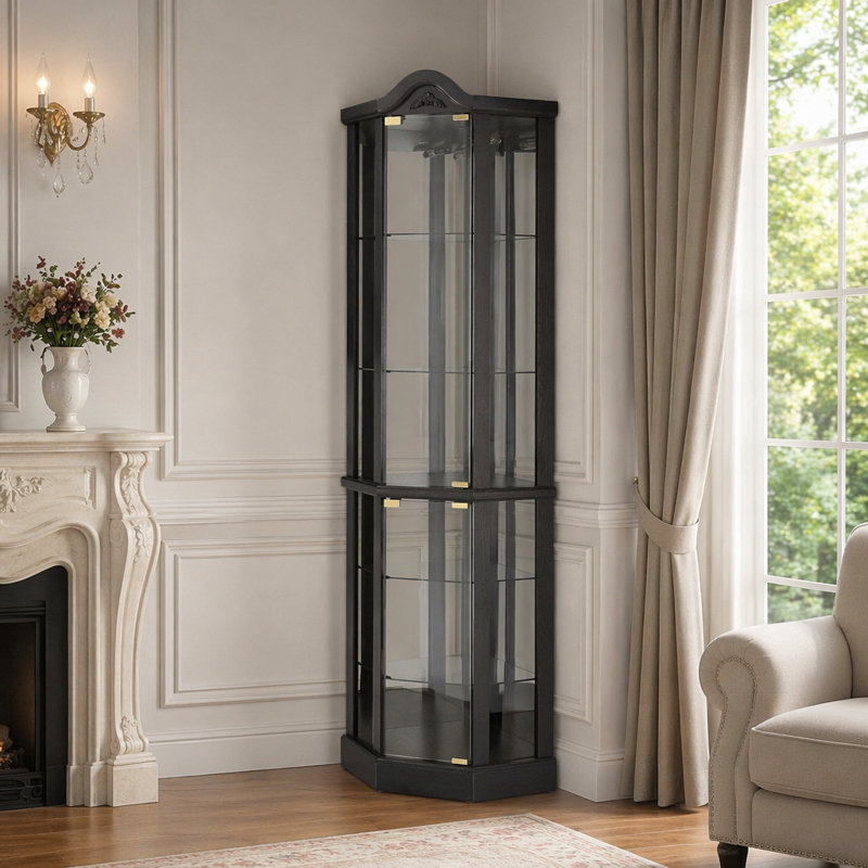 Vitrine de coin vitrée éclairée avec tablettes ajustables