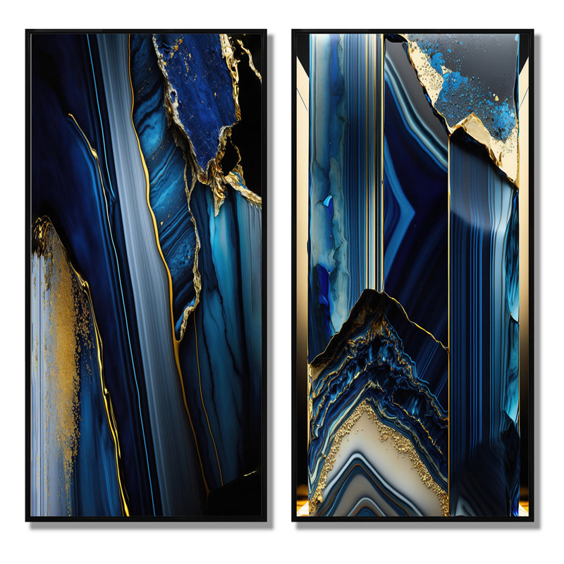 «Abstract Geode Geometric Blue», 2 pièces, H 40 po x l 40 po, Cadre noir