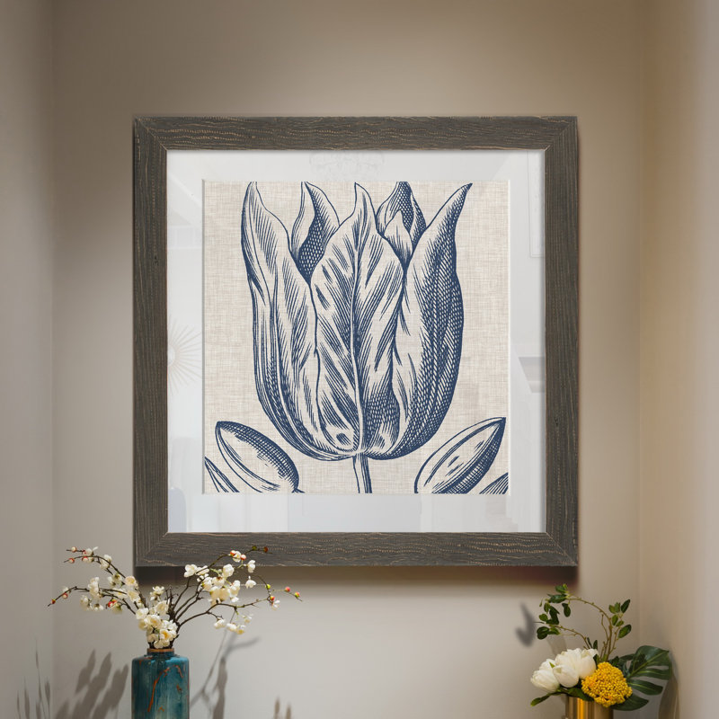 Indigo floral sur lin VI - reproduction encadrée de qualité supérieure - prêt à être accroché - impression encadrée sur papier