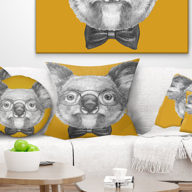 Koala avec lunettes et nœud papillon - Coussin imprimé animal, 16 po x 1 po, Coussin décoratif