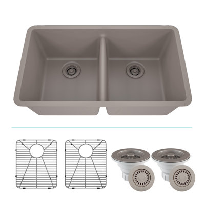 32" x 19" Quartz Kitchen Sink, 50/50 Double Bowl Sink, Drop-in Sink, Undermount Sink, Granite Kitchen Sink, with 2 Steel Grids and Basket Strainer, Disposal Flange Galaxy Concrete LP-5050-C