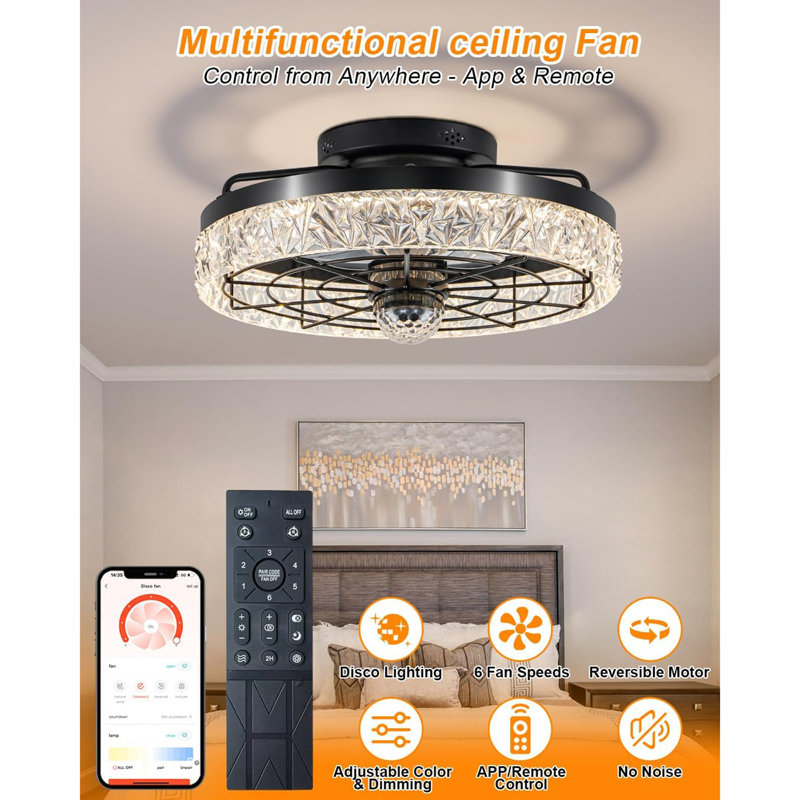 Disco Ceiling Fans With Lights,7 Color Disco Ball Modes, Flush Mount Low Profile Ceiling Fan With Light And Remote Control Dimmable 3 Color Reversible Motor 6 Speeds For Bedroom Living Room Party
