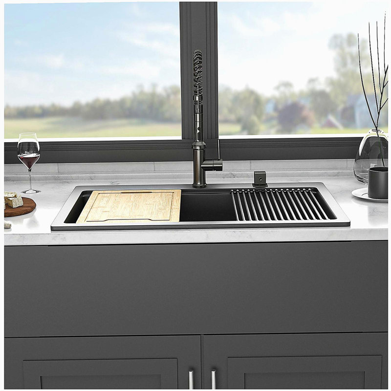33x22" Black granite composite Workstation Drop-in kitchen sink