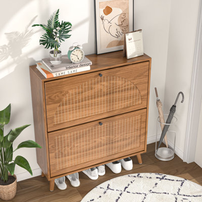 16 Pair Shoe Cabinet With 2 Flip Drawers And Adjustable Shelves, Freestanding Shoe Storage Organizers With Fluted Arched Pattern