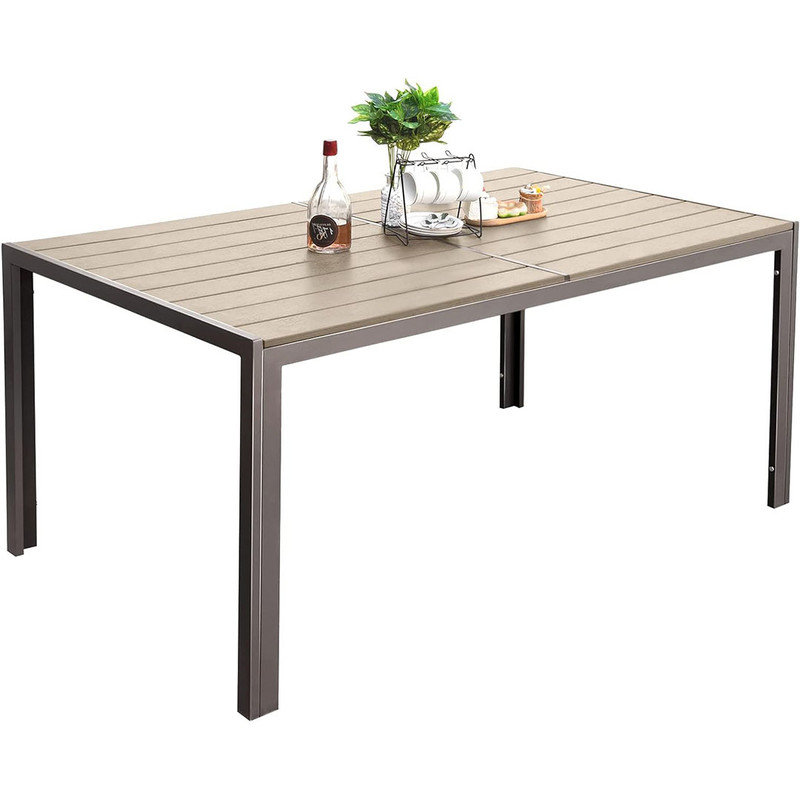 Patio Dining Table for 6, Wood-like Plastic Rectangular Table for Deck, Garden, Backyard