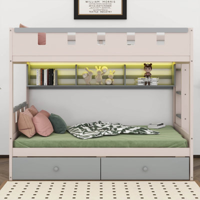 Castle Style Bunk Bed With 2 Storage Drawers, Wood Bunk Bed Frame With Open Shelf And LED
