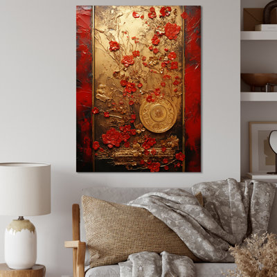 God and Red Floral Japanese Tiles III - Abstract Botanicals Wall Art