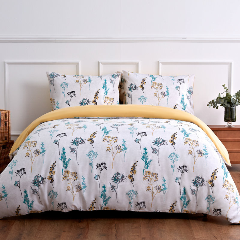 Duvet Cover Set Reversible by Leruum, Super King Duvet Cover + 2 Standard Pillowcases, Yellow/Grey/Blue, Floral