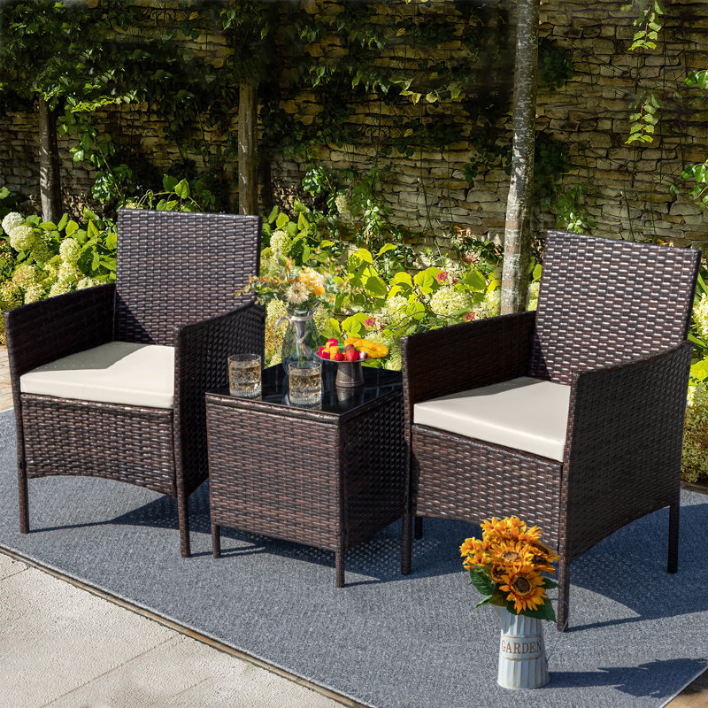 Ensemble de conversation 3 pièces avec coussins et plateau en verre trempé Jagger , Beige