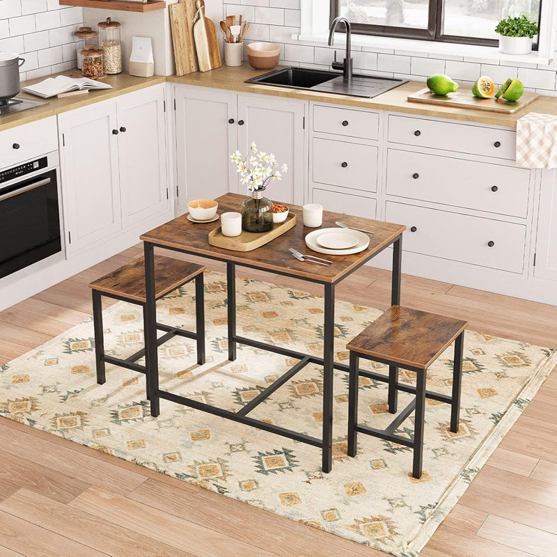 Ensemble 3 pièces de table à manger industrielle, table de cuisine, coin-repas compact pour la cuisine, la salle à manger, le petit espace, le coin-repas