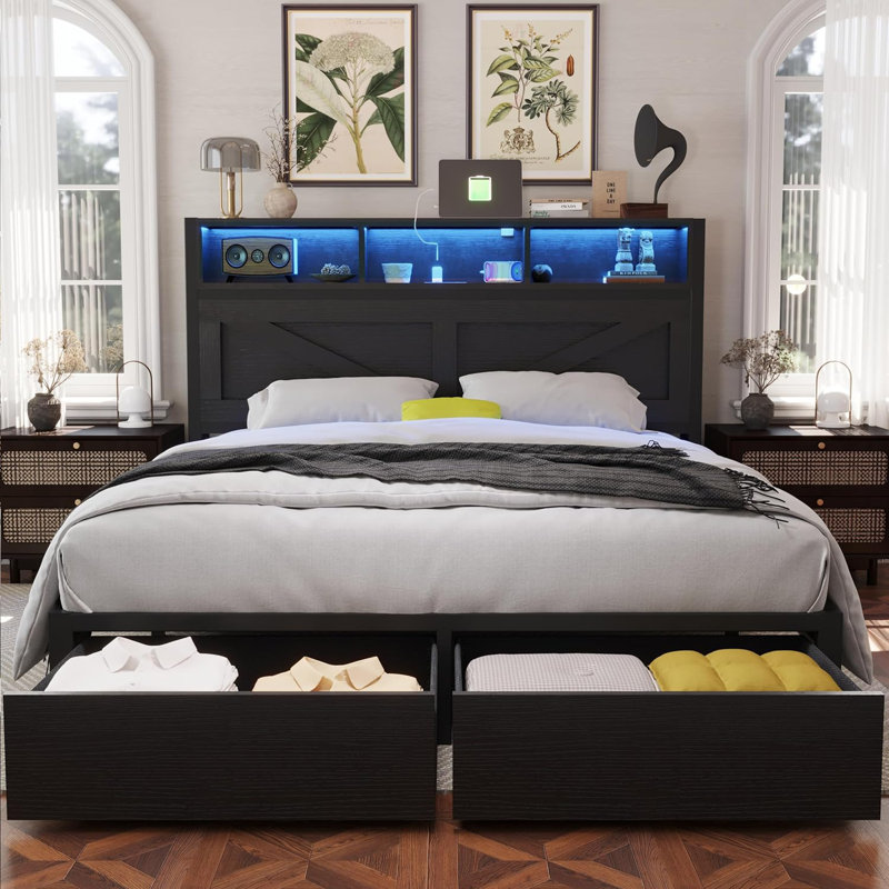 Farmhouse Bed Frame with LED Charged Bookcase Headboard and Storage Drawers, No Box Spring Needed, Full, Black